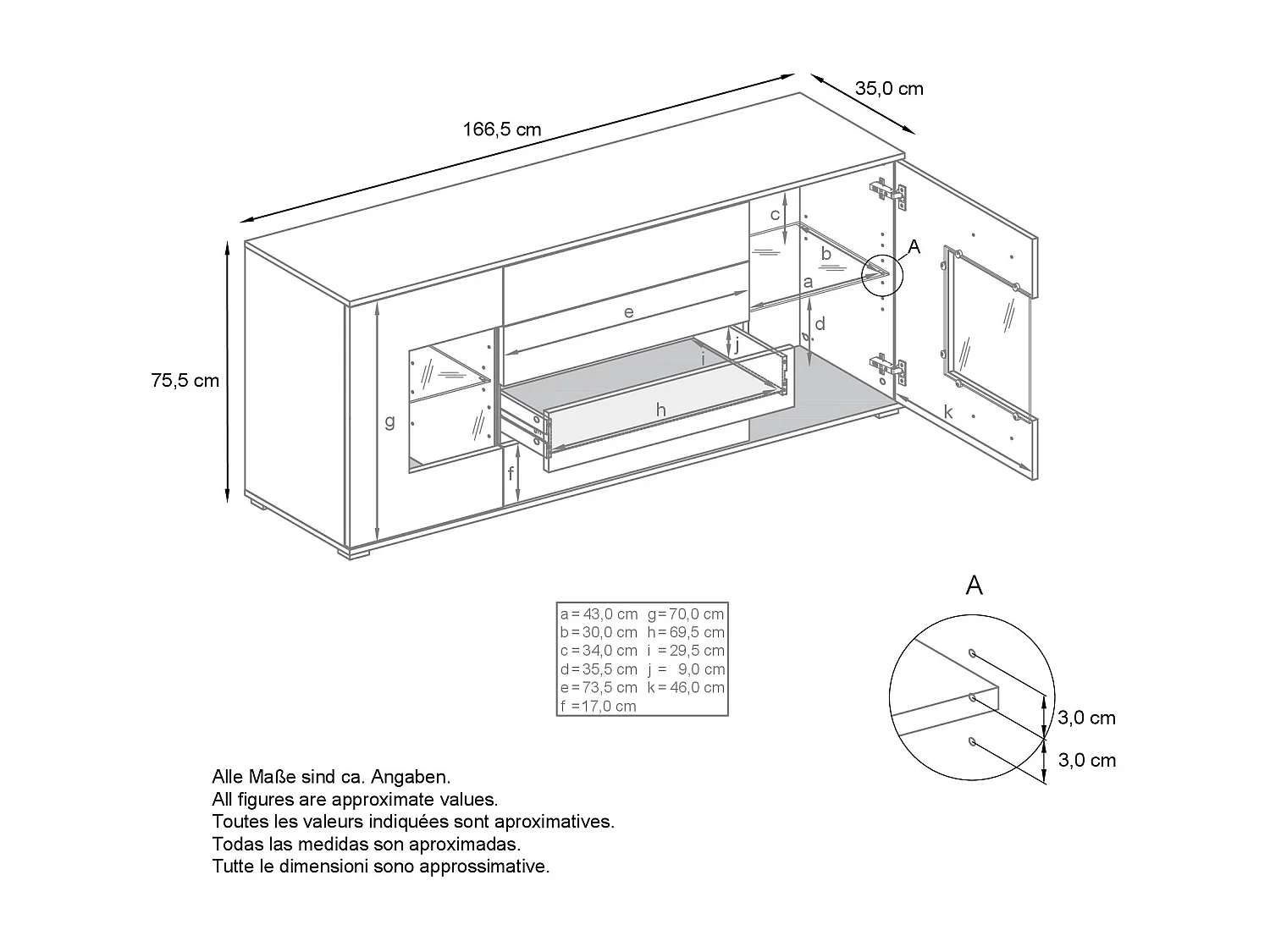 Buffet Grömitz V2 – Meuble avec 2 Grandes Portes et 4 Tiroirs, blanc mat/bordeaux haute brillance (166,5 x 75,5 x 35)