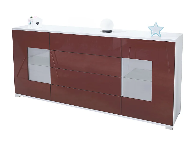Buffet Grömitz V2 – Meuble avec 2 Grandes Portes et 4 Tiroirs, blanc mat/bordeaux haute brillance (166,5 x 75,5 x 35)
