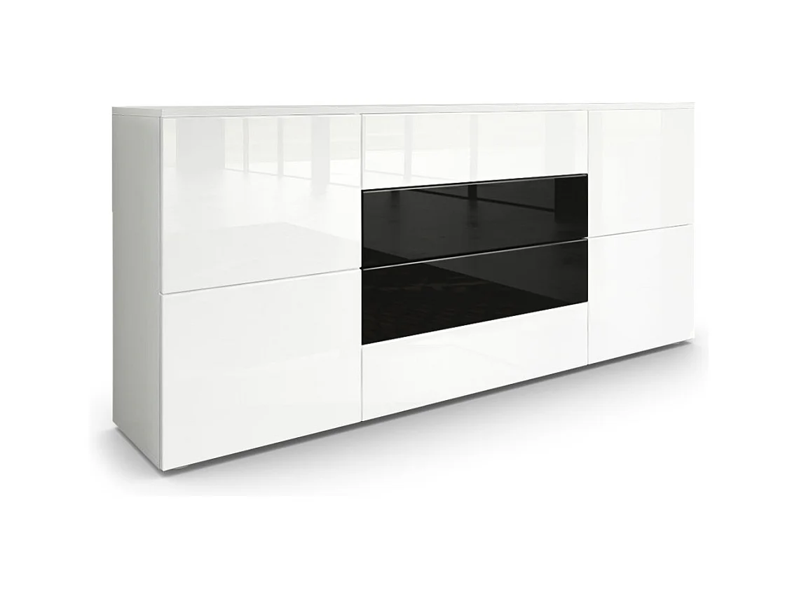 Buffet Rova, Commode avec 4 portes et 4 tiroirs, Blanc mat/Blanc haute brillance (166 x 72 x 35 cm)