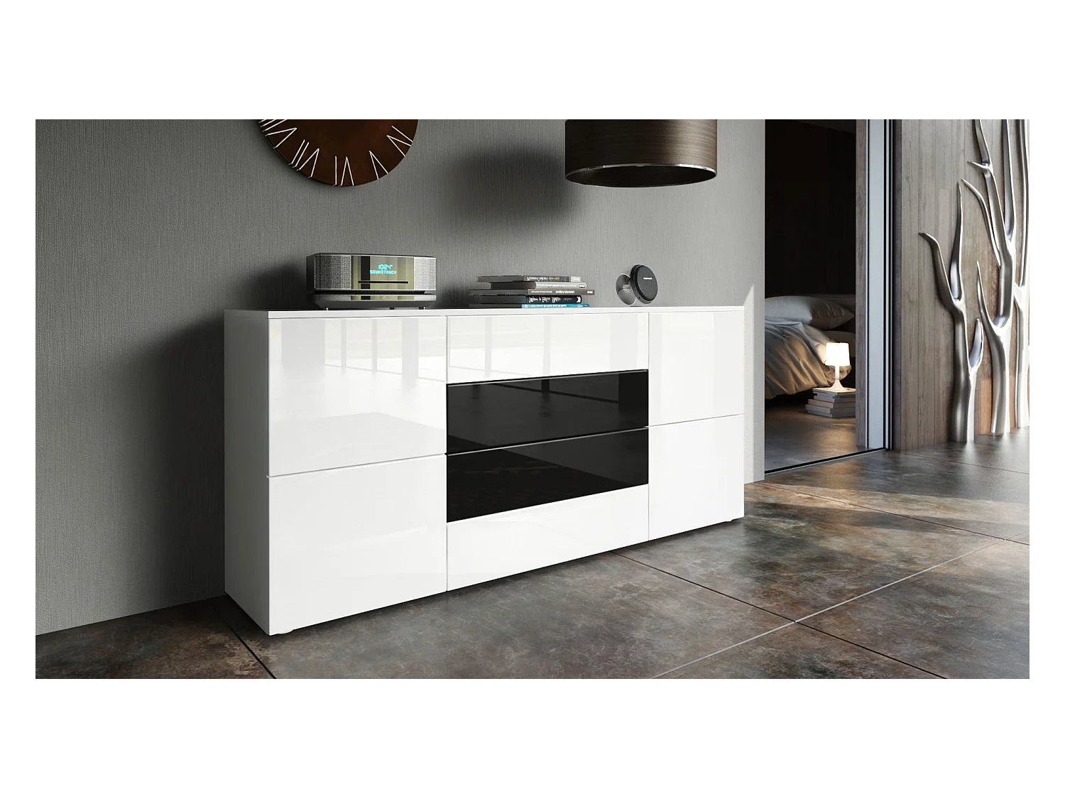 SIDEBOARD Rova Weiß Hochglanz / Schwarz Hochglanz