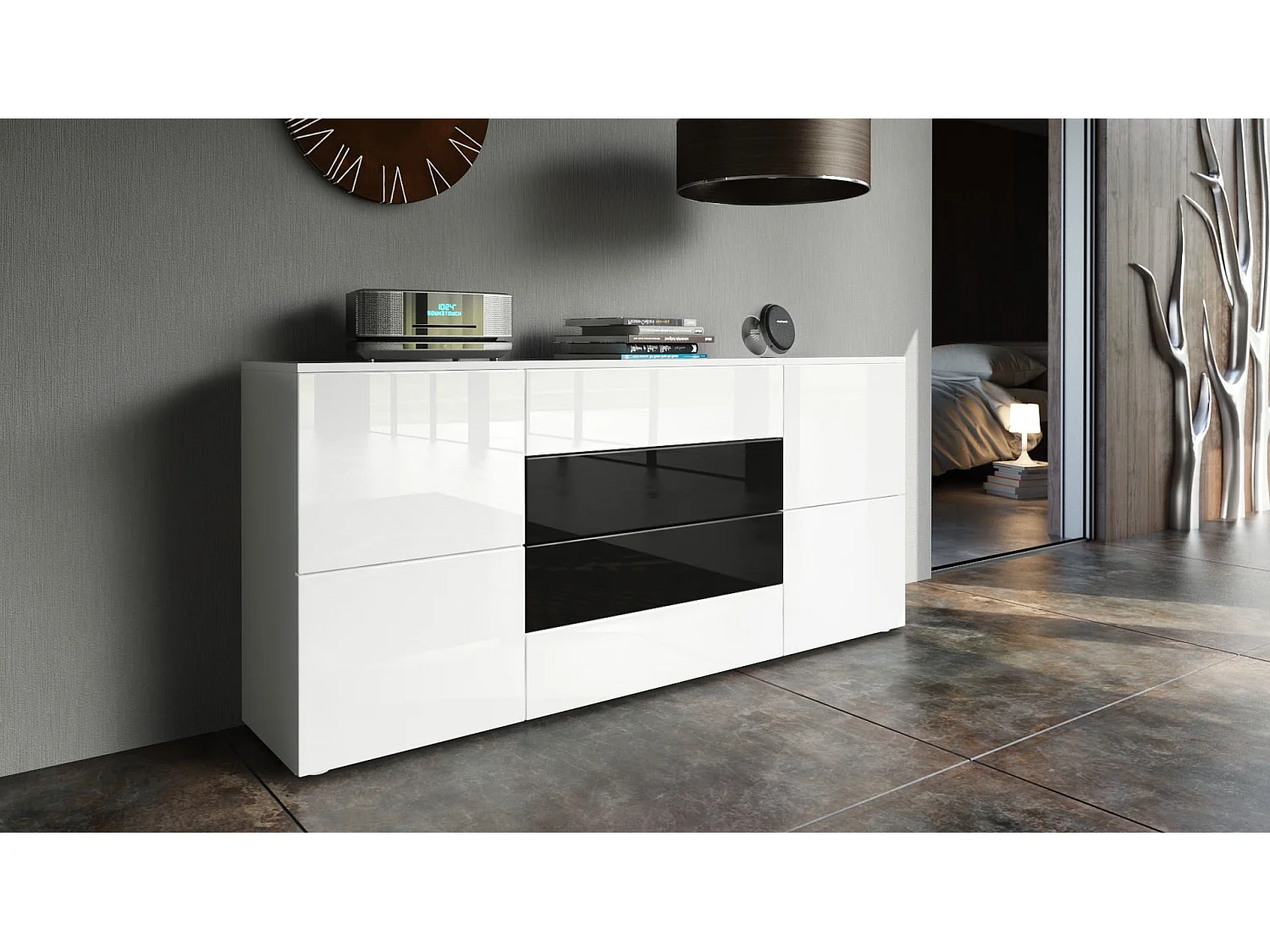 SIDEBOARD Rova Weiß Hochglanz / Schwarz Hochglanz