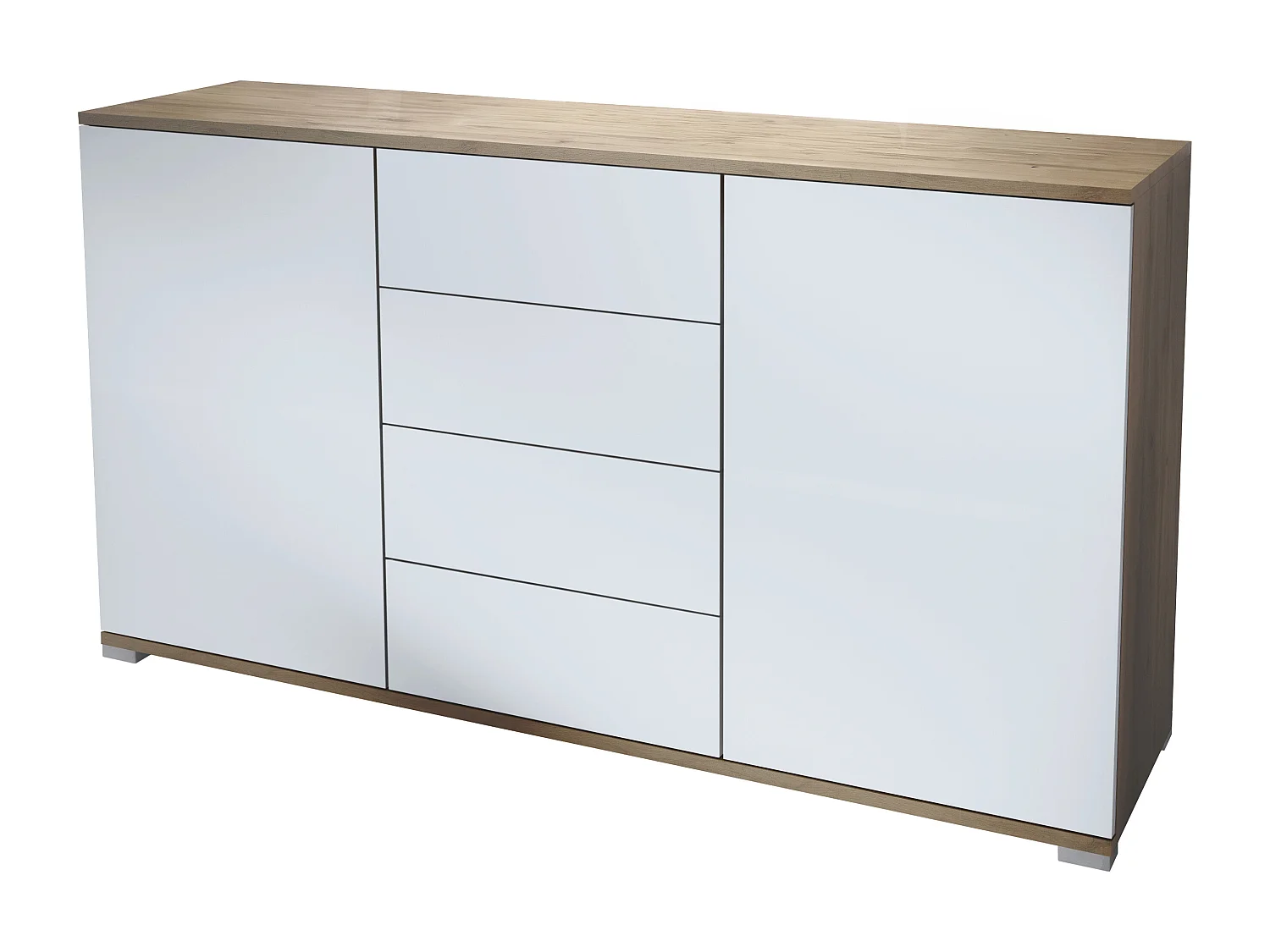 Buffet Santo V1, Enfilade avec 2 portes et 4 tiroirs, Chêne Evoke / blanc mat (138,5 x 75,5 x 35 cm)