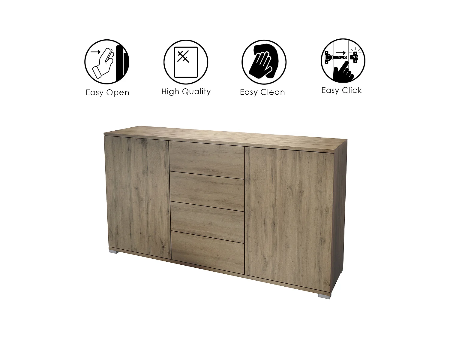 Buffet Santo V1, Enfilade avec 2 portes et 4 tiroirs, Chêne Evoke / blanc mat (138,5 x 75,5 x 35 cm)