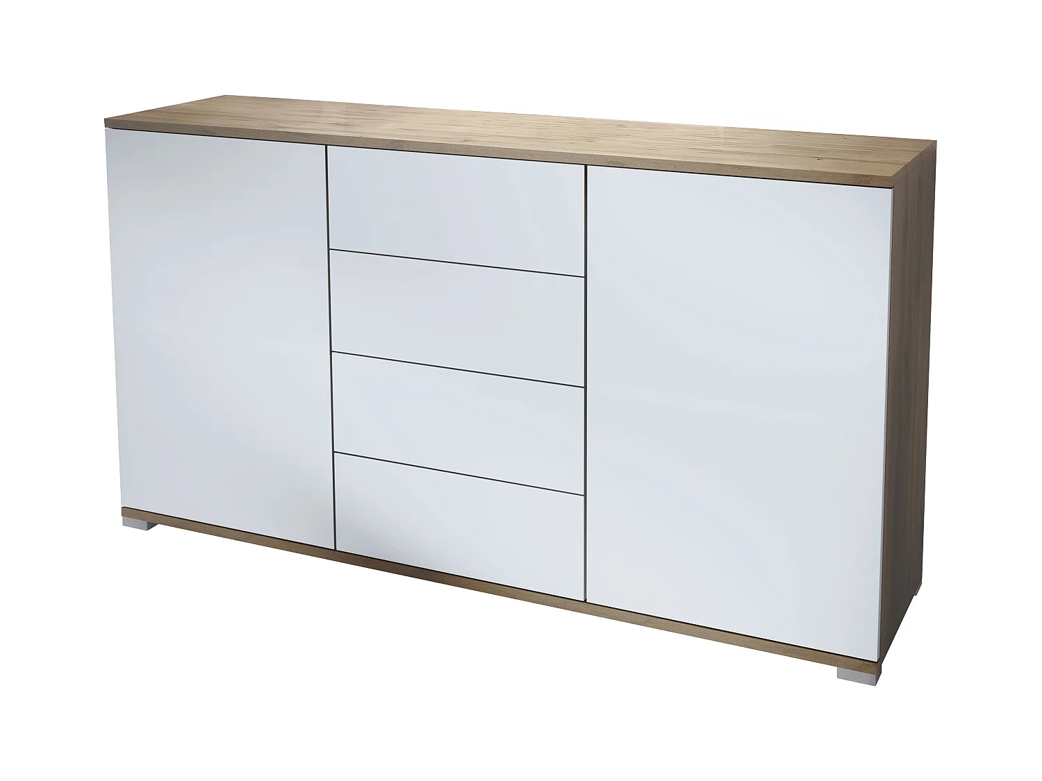 Buffet Santo V1, Enfilade avec 2 portes et 4 tiroirs, Chêne Evoke / blanc mat (138,5 x 75,5 x 35 cm)