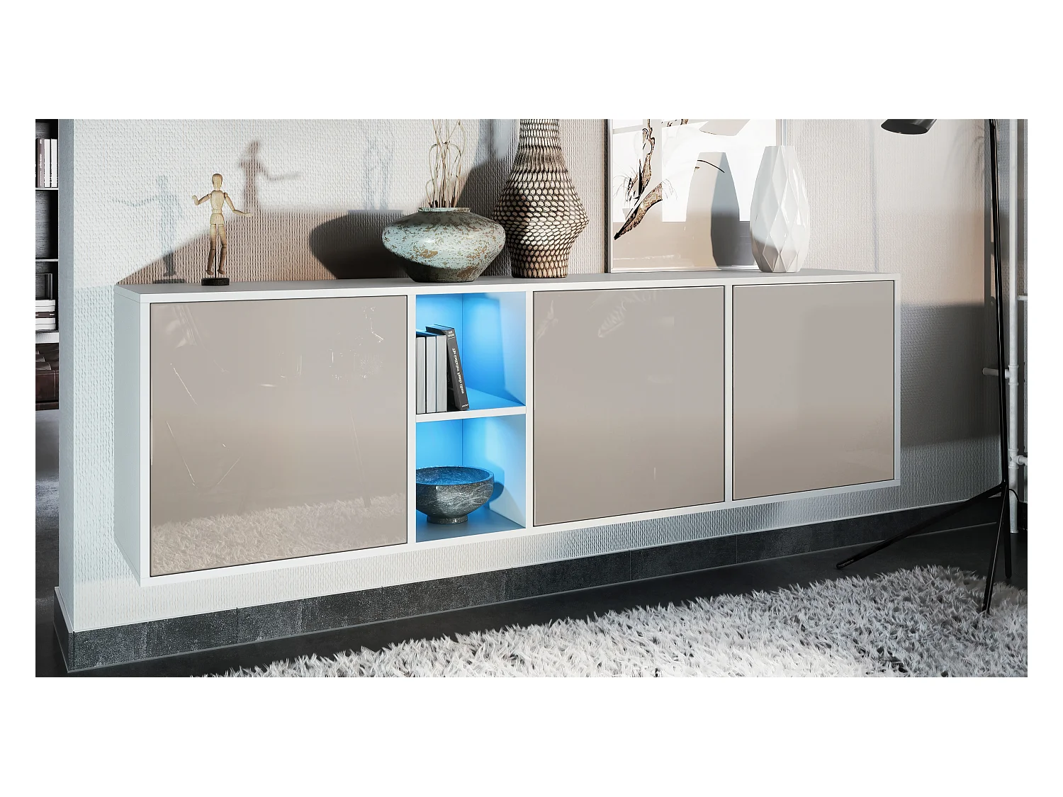 Commode Cuba - blanc mat/gris sable haute brillance y compris LED - Buffet moderne pour votre salon - (LxHxP) 182x53x35 cm