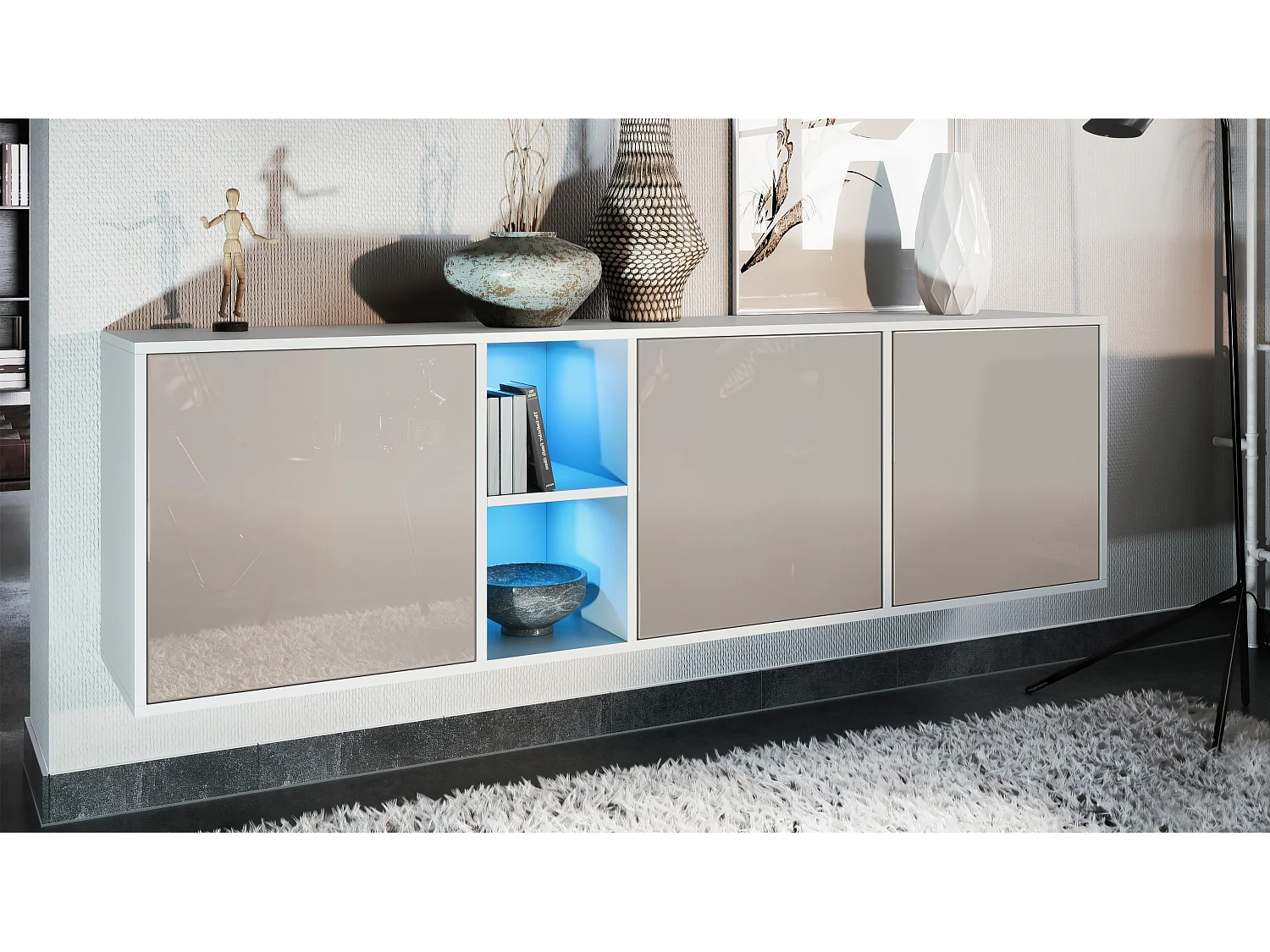 Commode Cuba - blanc mat/gris sable haute brillance y compris LED - Buffet moderne pour votre salon - (LxHxP) 182x53x35 cm