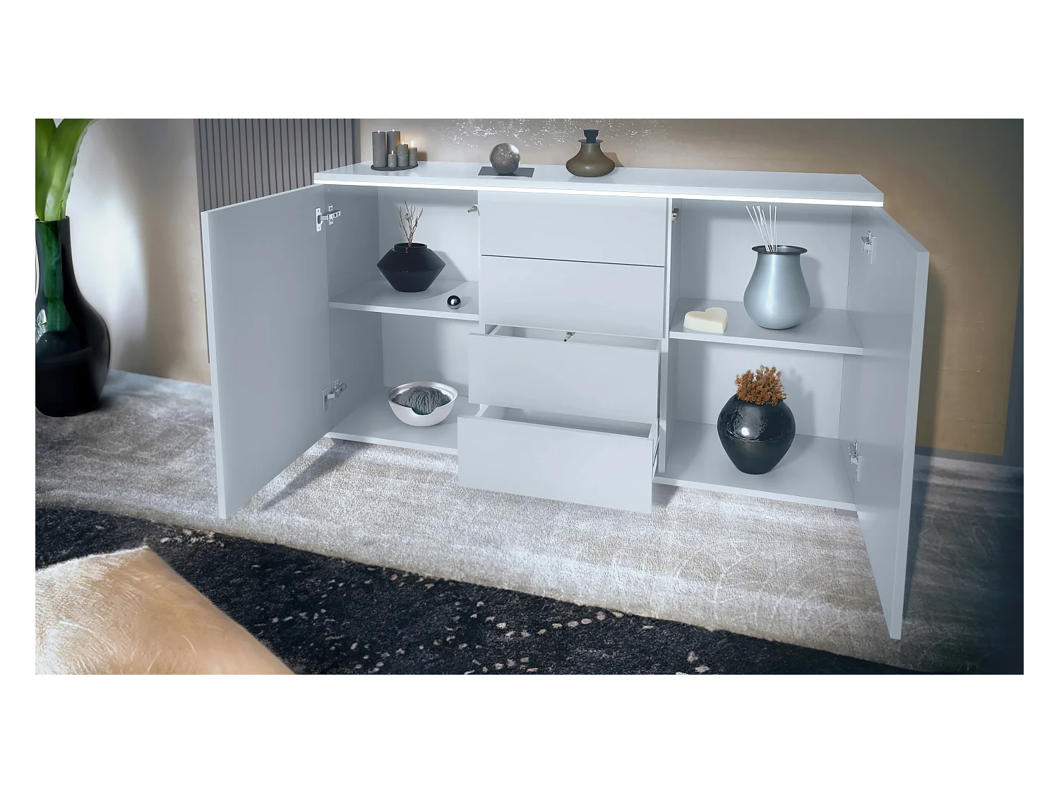 Buffet Faro V1 – Meuble avec 2 Portes & 4 Tiroirs, Armoire avec Bande LED Lumineuse, blanc mat / noir haute brillance (138,5 x 75,5 x 35)