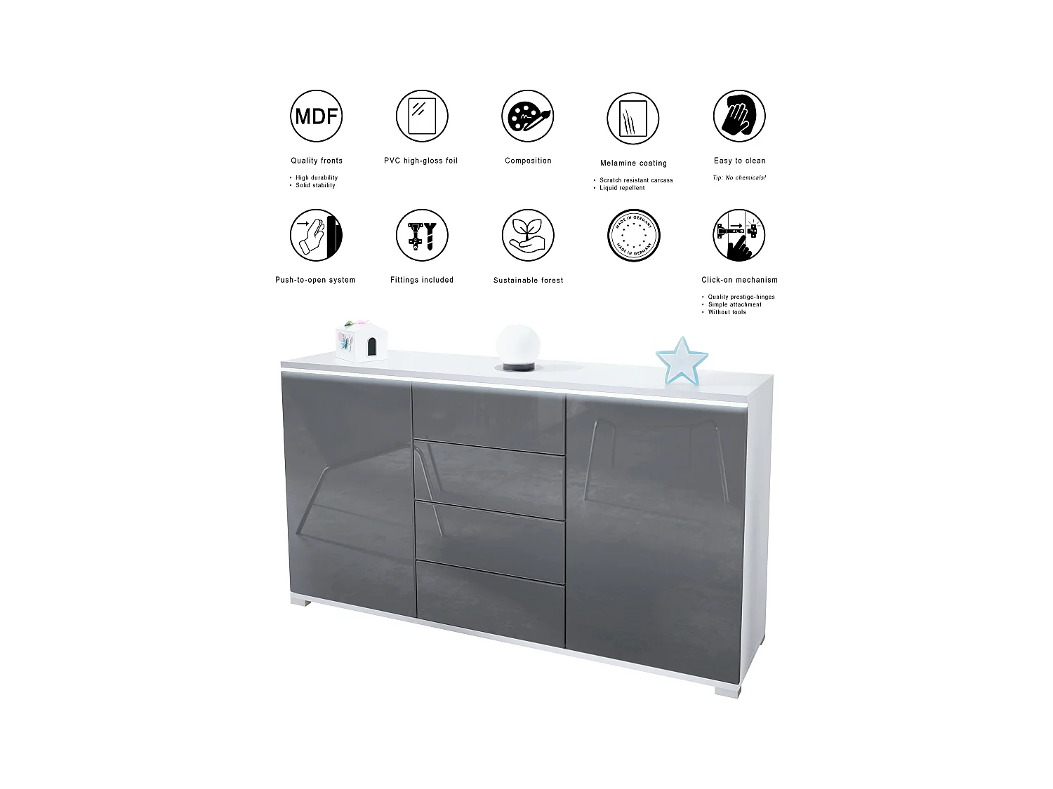 Buffet Faro V1 – Meuble avec 2 Portes & 4 Tiroirs, Armoire avec Bande LED Lumineuse, blanc mat / noir haute brillance (138,5 x 75,5 x 35)