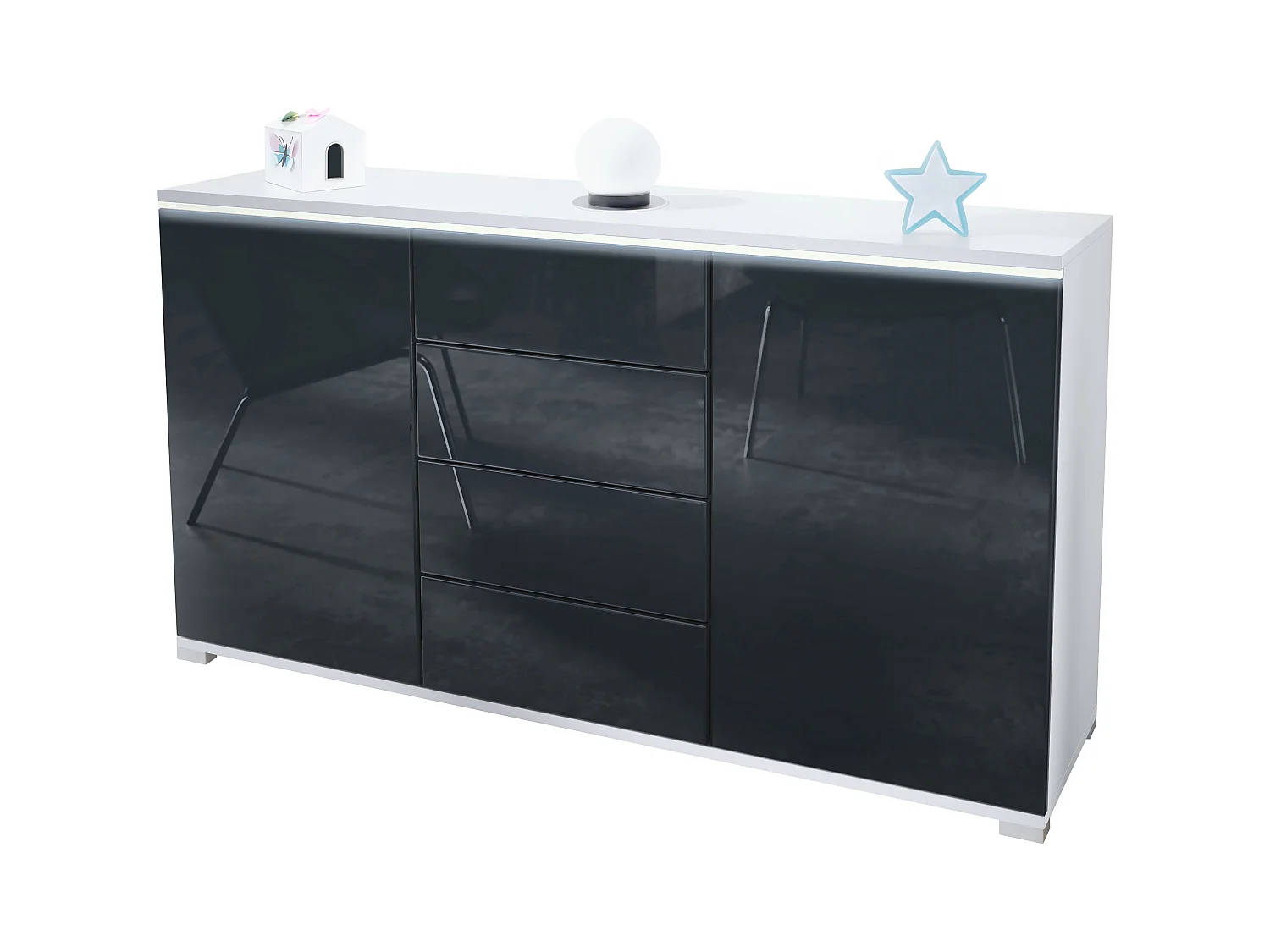 Buffet Faro V1 – Meuble avec 2 Portes & 4 Tiroirs, Armoire avec Bande LED Lumineuse, blanc mat / noir haute brillance (138,5 x 75,5 x 35)