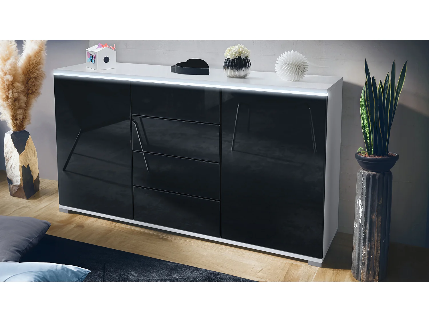 Buffet Faro V1 – Meuble avec 2 Portes & 4 Tiroirs, Armoire avec Bande LED Lumineuse, blanc mat / noir haute brillance (138,5 x 75,5 x 35)