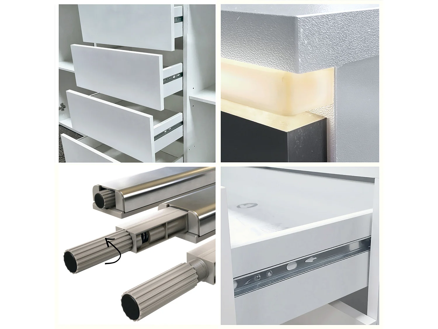 Buffet Faro V1 – Meuble avec 2 Portes & 4 Tiroirs, Armoire avec Bande LED Lumineuse, blanc mat / noir haute brillance (138,5 x 75,5 x 35)