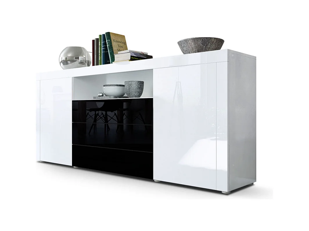 Vladon Sideboard Santiago, blanco de alto brillo/negro de alto brillo - Modern chest of drawers for your living area - (WxHxD) 167 x 72 x 35 cm