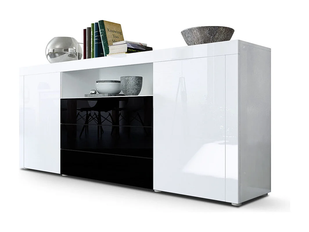 Sideboard Santiago, blanc haute brillance/noir haute brillance - Modern chest of drawers for your living area - (WxHxD) 167 x 72 x 35 cm