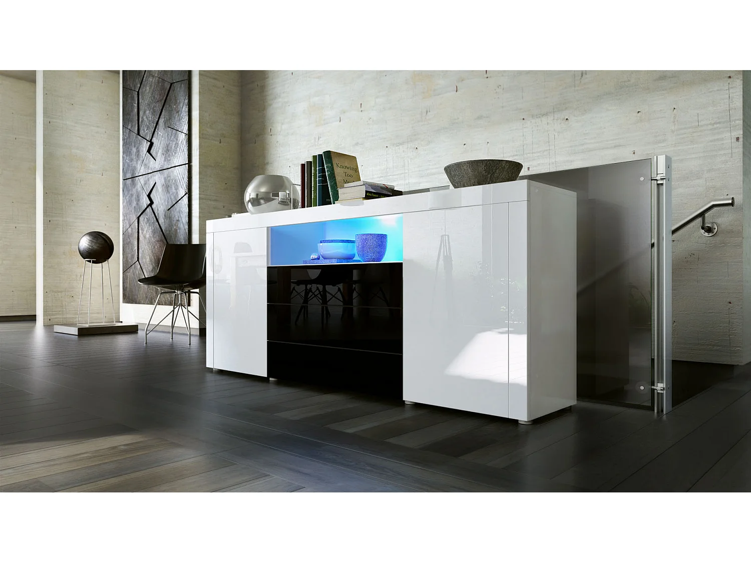 Sideboard Santiago, blanc haute brillance/noir haute brillance - Modern chest of drawers for your living area - (WxHxD) 167 x 72 x 35 cm