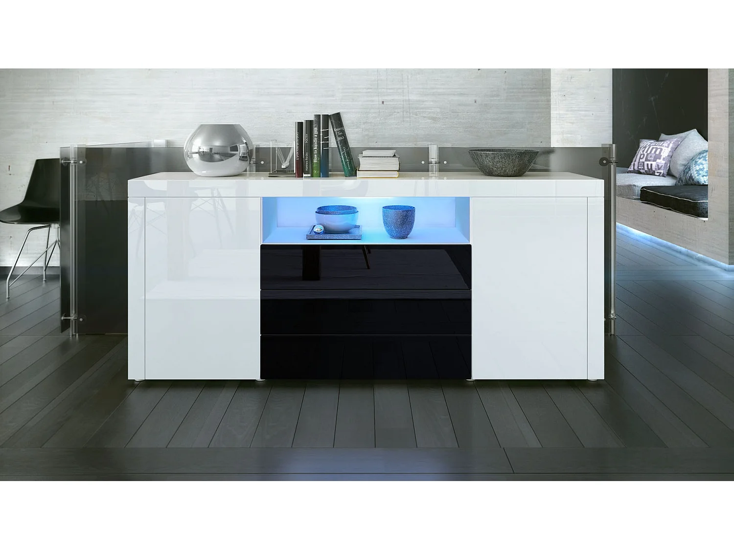 Sideboard Santiago, blanc haute brillance/noir haute brillance - Modern chest of drawers for your living area - (WxHxD) 167 x 72 x 35 cm