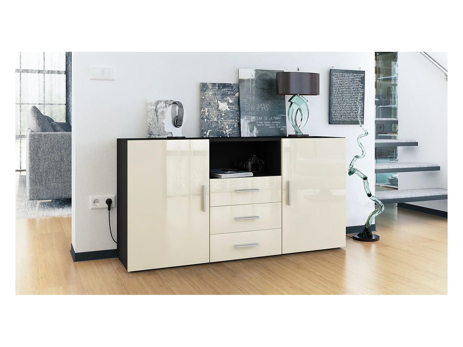 Buffet Skadu, Commode avec 2 portes, 3 tiroirs et 1 compartiment ouvert, noir mat/crème haute brillance (138,5 x 71,5 x 35 cm)