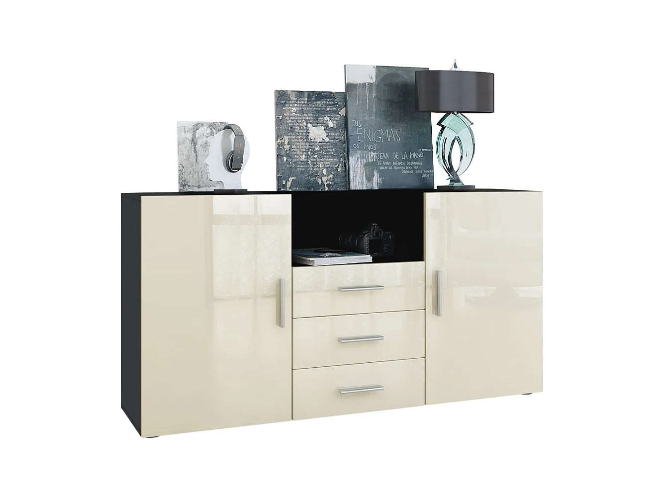 Buffet Skadu, Commode avec 2 portes, 3 tiroirs et 1 compartiment ouvert, noir mat/crème haute brillance (138,5 x 71,5 x 35 cm)