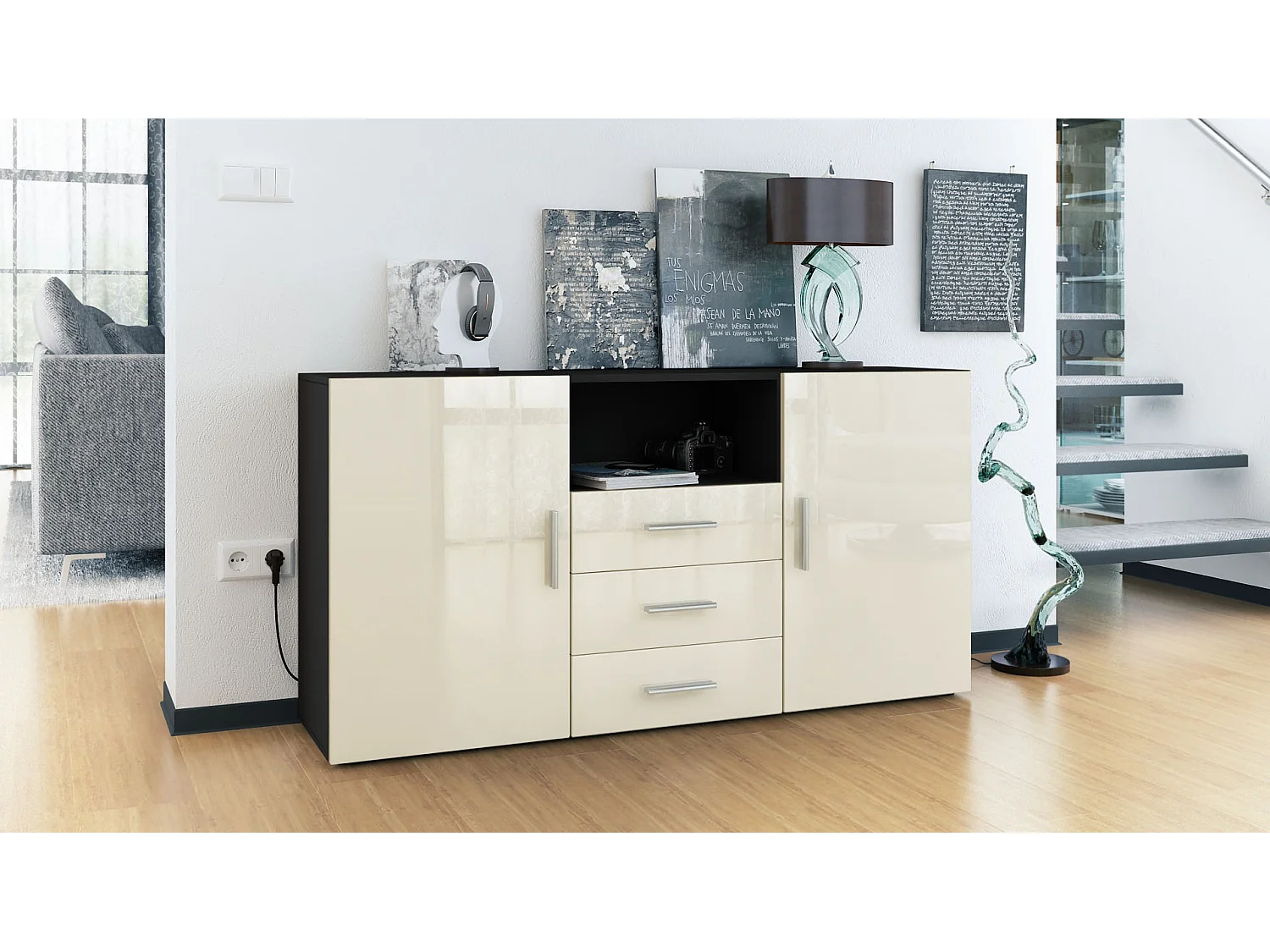 Credenza Skadu, mobile con 2 ante, 3 cassetti e 1 scomparto a giorno, nero opaco/beige lucido (138,5 x 71,5 x 35 cm)
