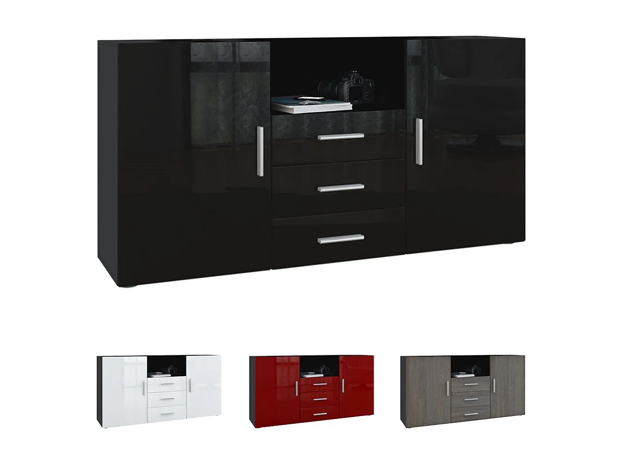 Credenza Skadu, mobile con 2 ante, 3 cassetti e 1 scomparto a giorno, nero opaco/beige lucido (138,5 x 71,5 x 35 cm)
