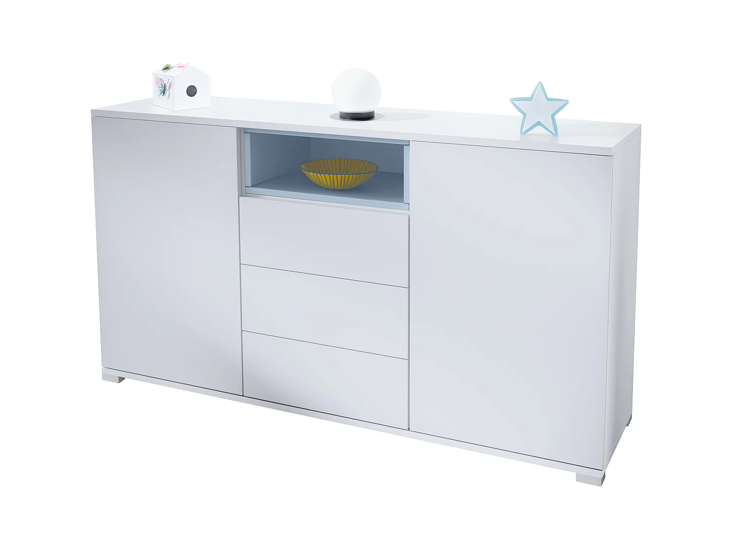 Skadu V2 Buffet, Commode avec 2 portes, 3 tiroirs et 1 compartiment ouvert, blanc mat/denim mat (138,5 x 75,5 x 35 cm)