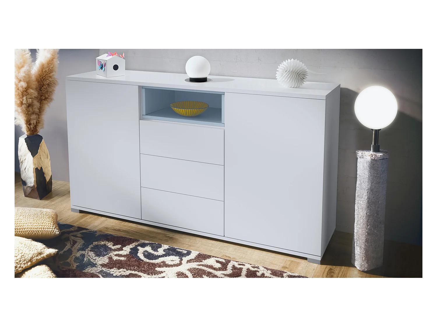 Skadu V2 Buffet, Commode avec 2 portes, 3 tiroirs et 1 compartiment ouvert, blanc mat/denim mat (138,5 x 75,5 x 35 cm)