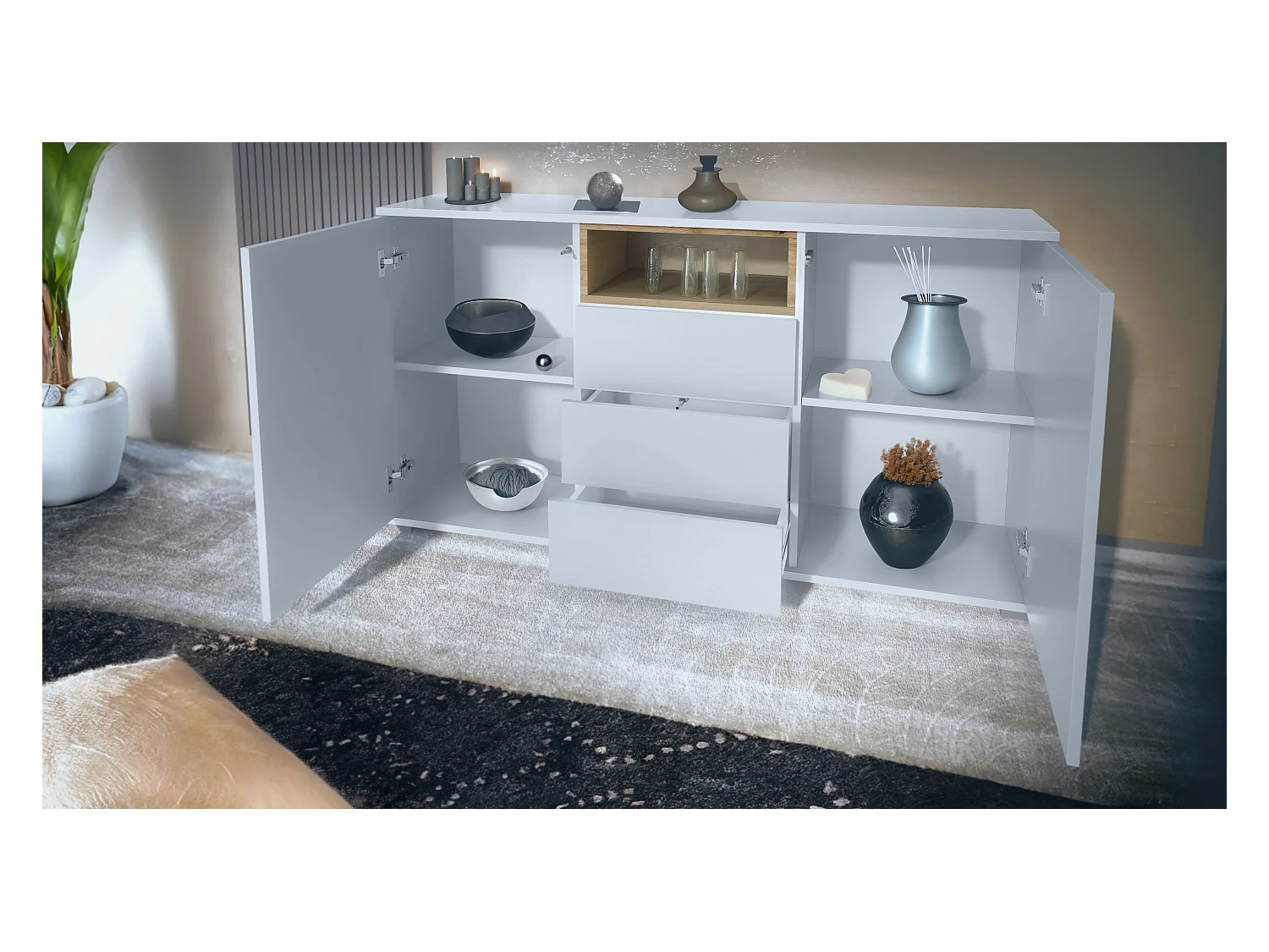 Skadu V2 Buffet, Commode avec 2 portes, 3 tiroirs et 1 compartiment ouvert, blanc mat/denim mat (138,5 x 75,5 x 35 cm)