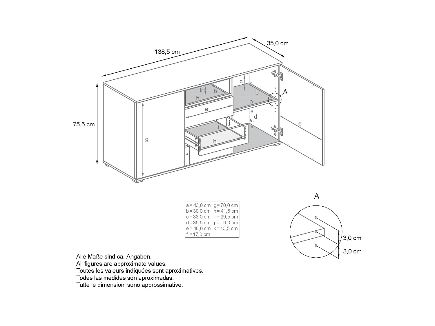 Skadu V2 Buffet, Commode avec 2 portes, 3 tiroirs et 1 compartiment ouvert, blanc mat/denim mat (138,5 x 75,5 x 35 cm)