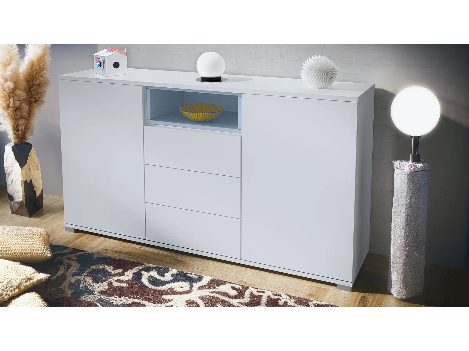Skadu V2  Credenza, mobile con 2 ante, 3 cassetti e 1 scomparto a giorno, bianco opaco/denim opaco (138,5 x 75,5 x 35 cm)
