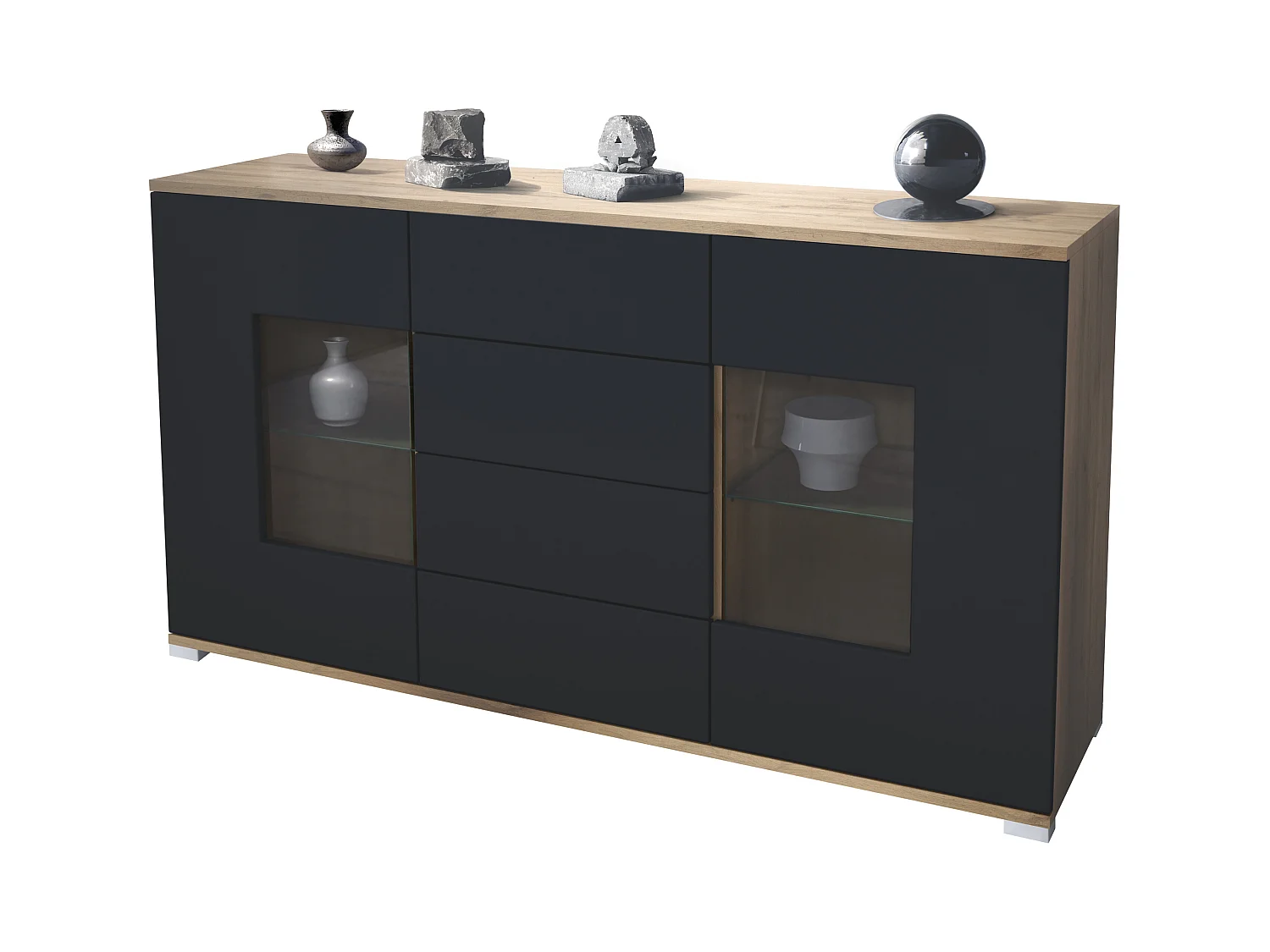 Aparador Grömitz V1 – Mueble con 2 Puertas Grandes y 4 Cajones, Roble Evoke/negro mate (138,5 x 75,5 x 35)