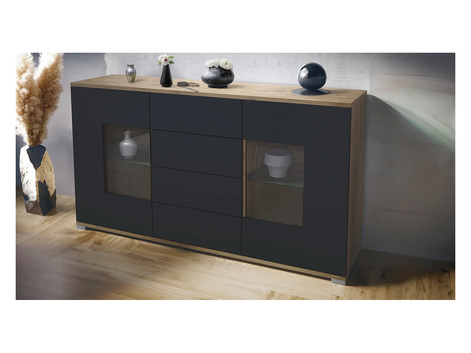 Aparador Grömitz V1 – Mueble con 2 Puertas Grandes y 4 Cajones, Roble Evoke/negro mate (138,5 x 75,5 x 35)