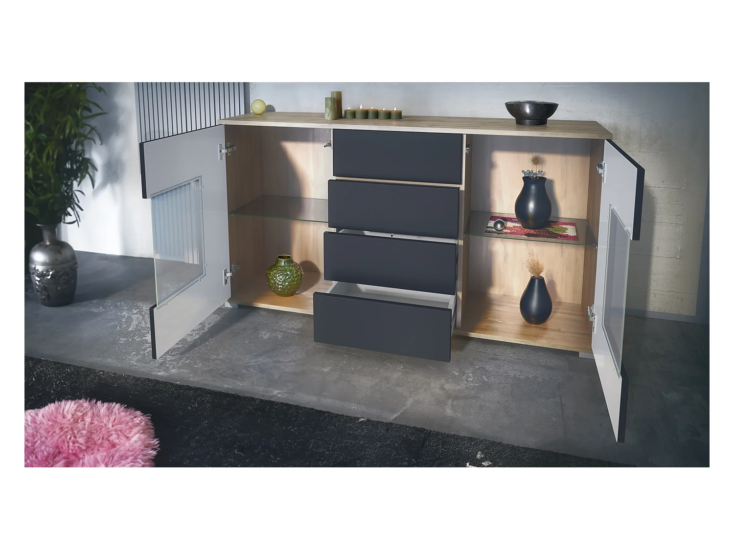 Aparador Grömitz V1 – Mueble con 2 Puertas Grandes y 4 Cajones, Roble Evoke/negro mate (138,5 x 75,5 x 35)