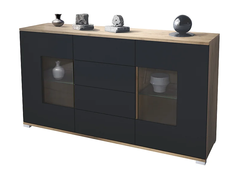Buffet Grömitz V1 – Meuble avec 2 Grandes Portes et 4 Tiroirs, Chêne Evoke/noir mat (138,5 x 75,5 x 35)