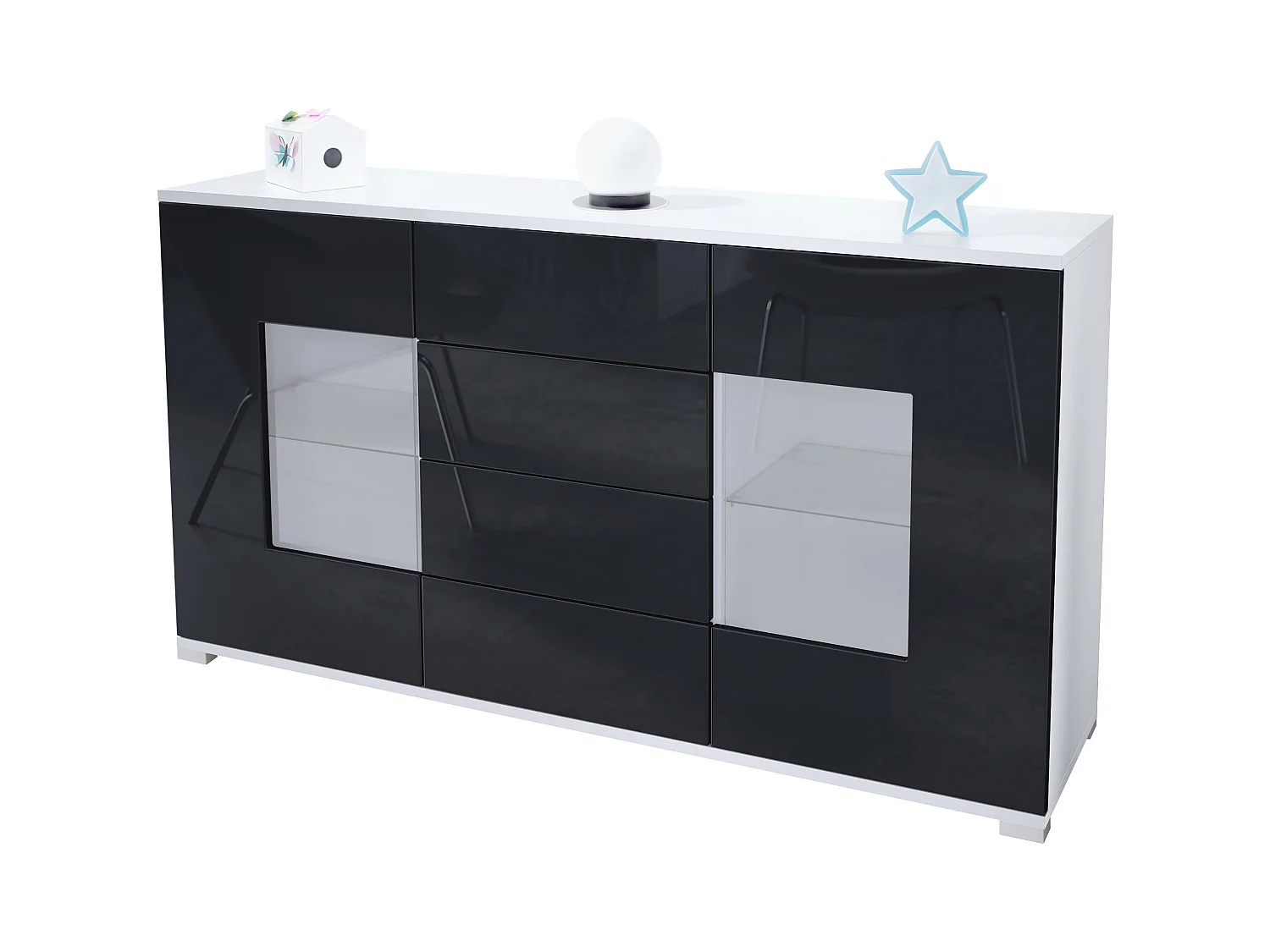 Buffet Grömitz V1 – Meuble avec 2 Grandes Portes et 4 Tiroirs, blanc mat/noir haute brillance (138,5 x 75,5 x 35)
