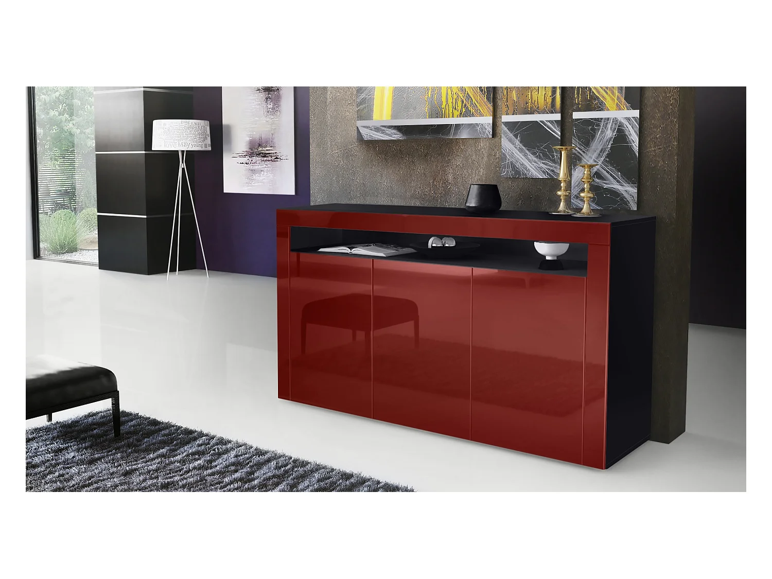 Madia  Valencia, mobile a 3 ante e 1 scomparto aperto, nero opaco/bordeaux lucido/bordeaux lucido (155 x 92 x 40 cm)