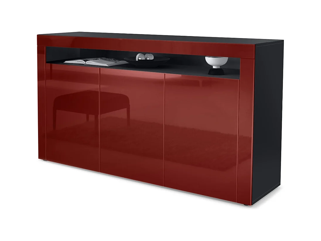 Buffet Valencia, Commode avec 3 portes et 1 compartiment ouvert, Noir mat/bordeaux haute brillance/bordeaux haute brillance (155 x 92 x 40 cm)