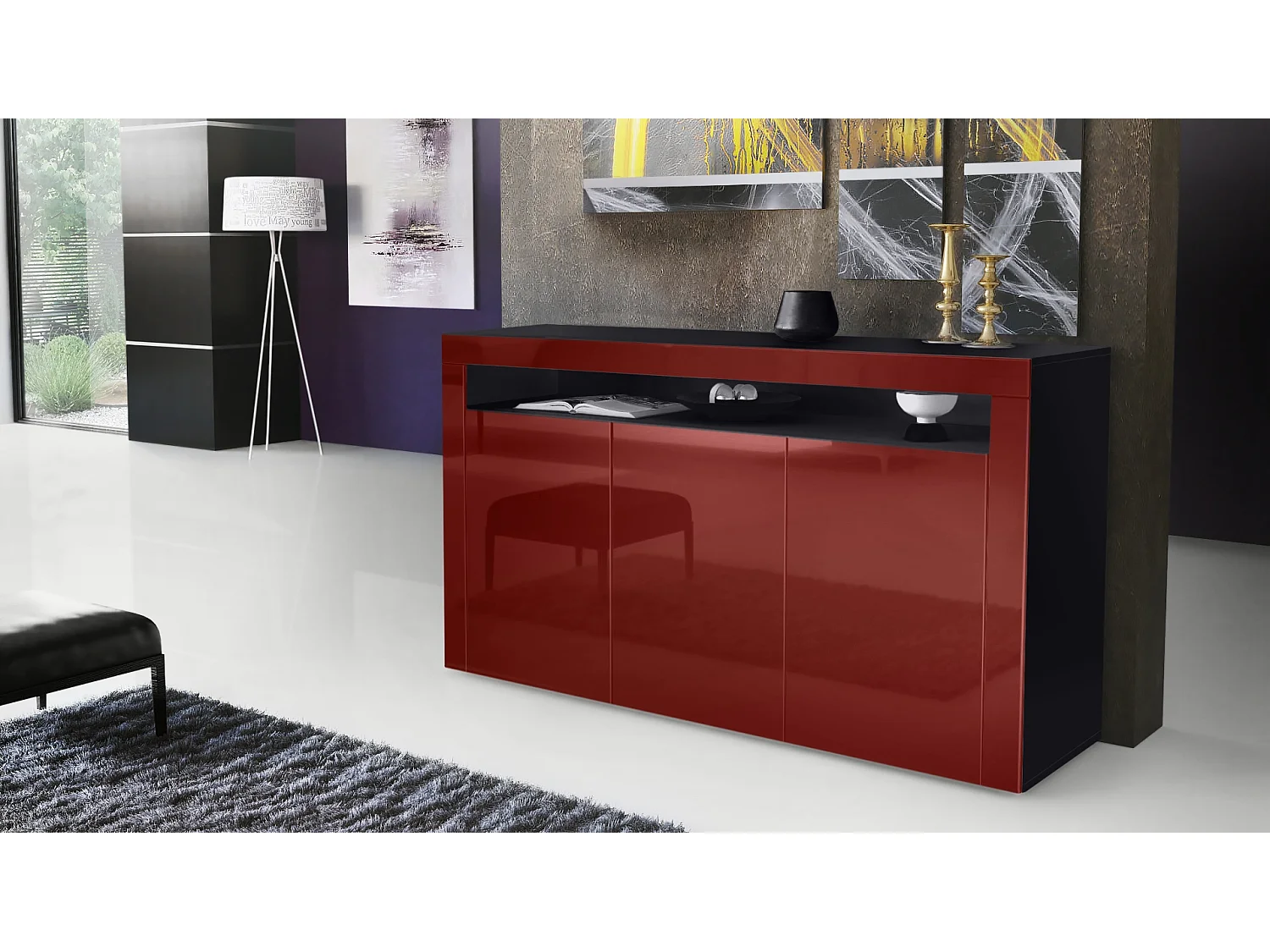 Madia  Valencia, mobile a 3 ante e 1 scomparto aperto, nero opaco/bordeaux lucido/bordeaux lucido (155 x 92 x 40 cm)