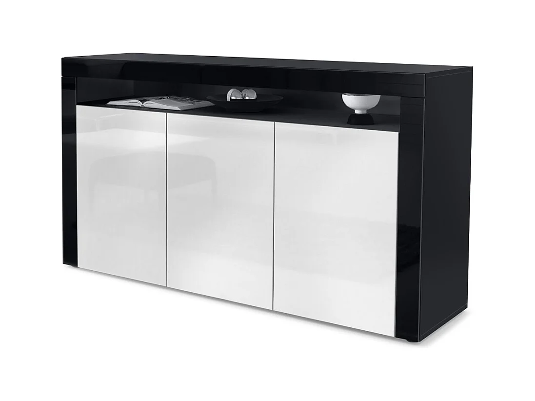 Buffet Valencia, Commode avec 3 portes et 1 compartiment ouvert, Noir mat/blanc haute brillance/noir haute brillance (155 x 92 x 40 cm)