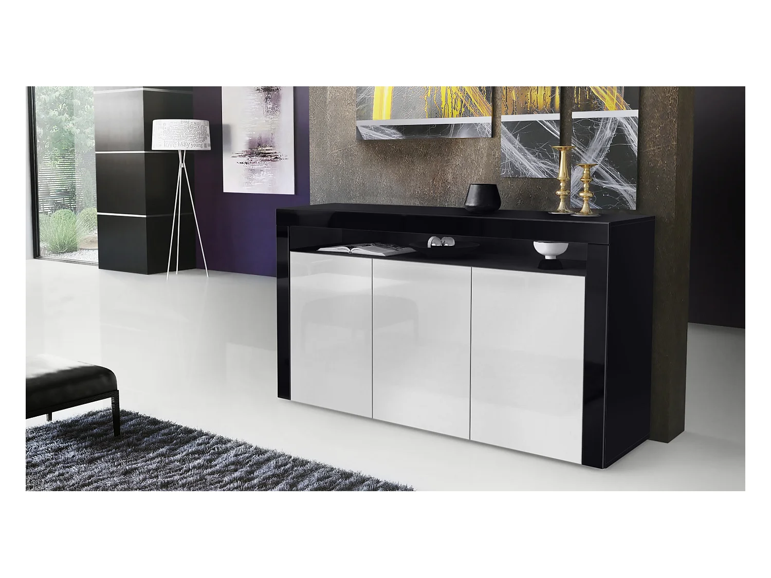 Buffet Valencia, Commode avec 3 portes et 1 compartiment ouvert, Noir mat/blanc haute brillance/noir haute brillance (155 x 92 x 40 cm)