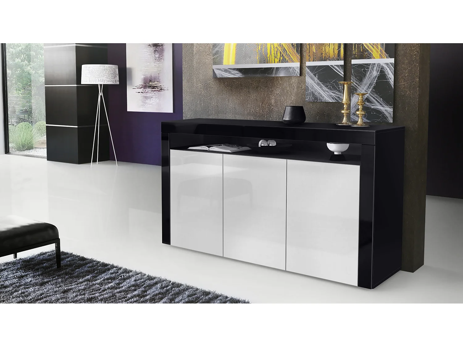 SIDEBOARD Valencia Weiß Hochglanz / Schwarz Hochglanz