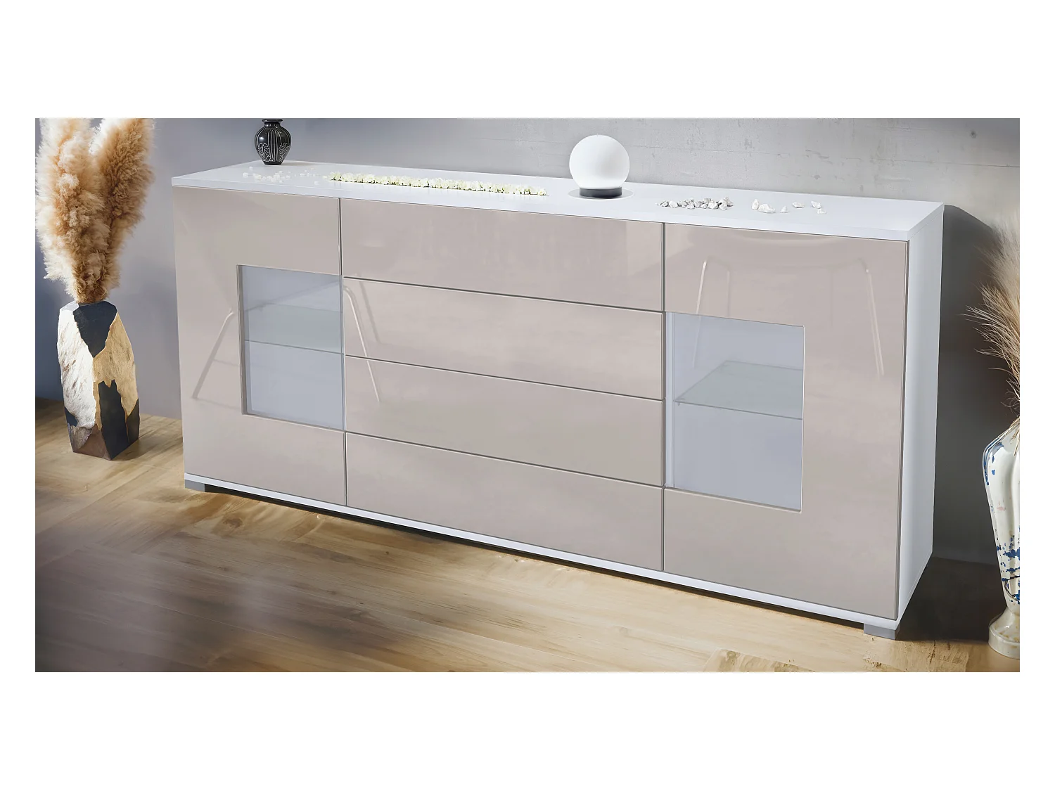 Buffet Grömitz V2 – Meuble avec 2 Grandes Portes et 4 Tiroirs, blanc mat/gris sable haute brillance (166,5 x 75,5 x 35)