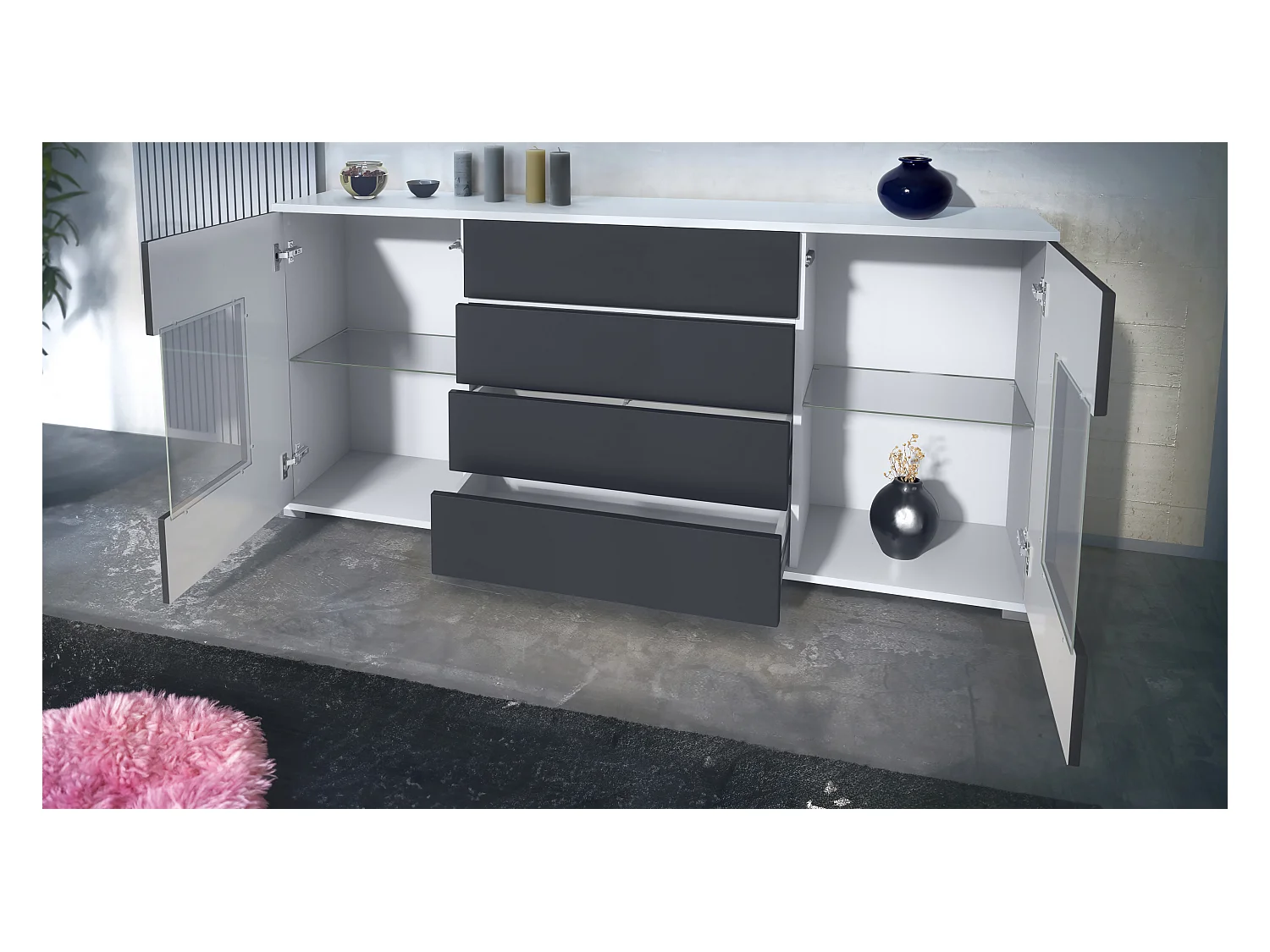 Buffet Grömitz V2 – Meuble avec 2 Grandes Portes et 4 Tiroirs, blanc mat/gris sable haute brillance (166,5 x 75,5 x 35)