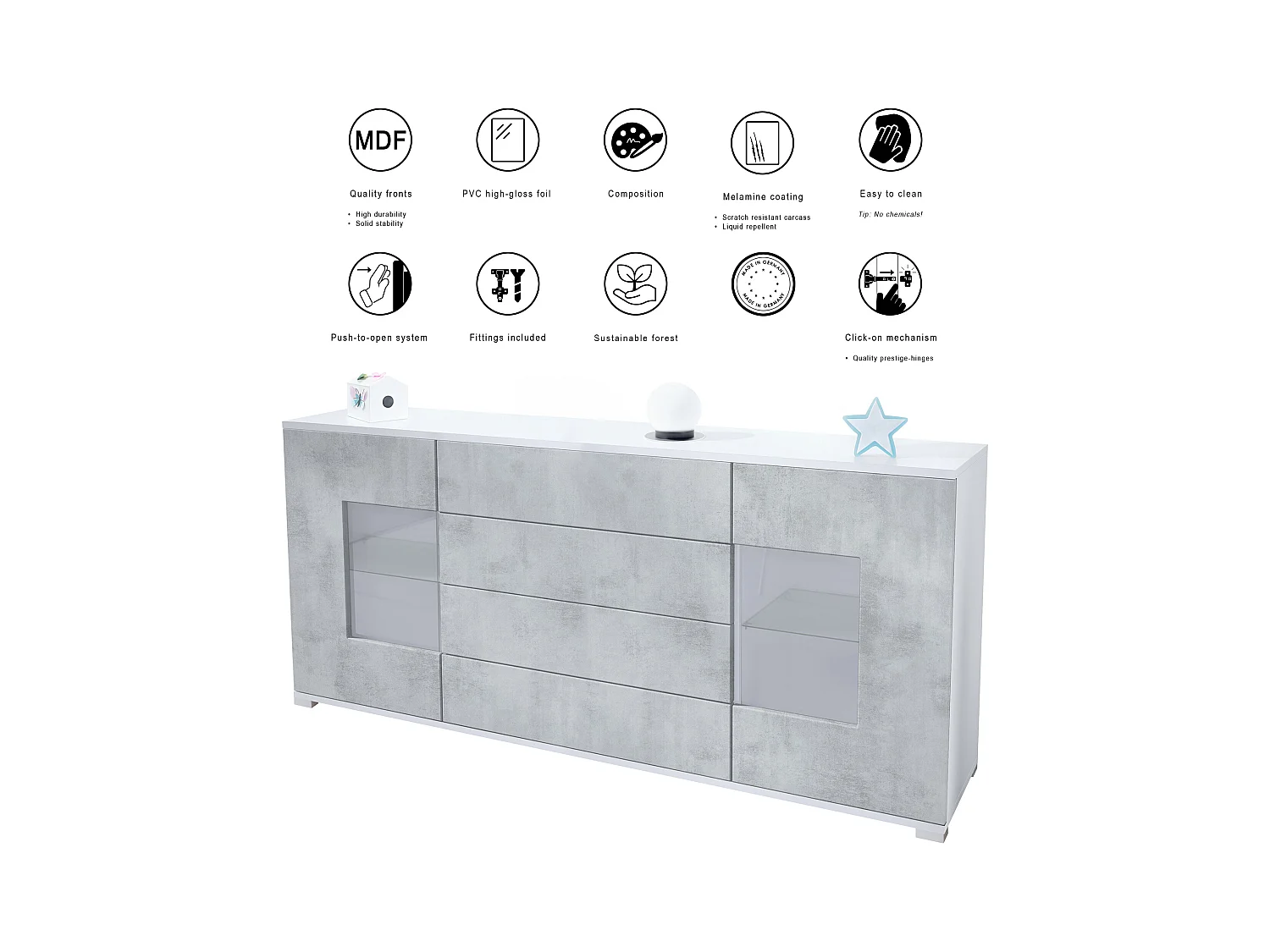 Buffet Grömitz V2 – Meuble avec 2 Grandes Portes et 4 Tiroirs, blanc mat/gris sable haute brillance (166,5 x 75,5 x 35)