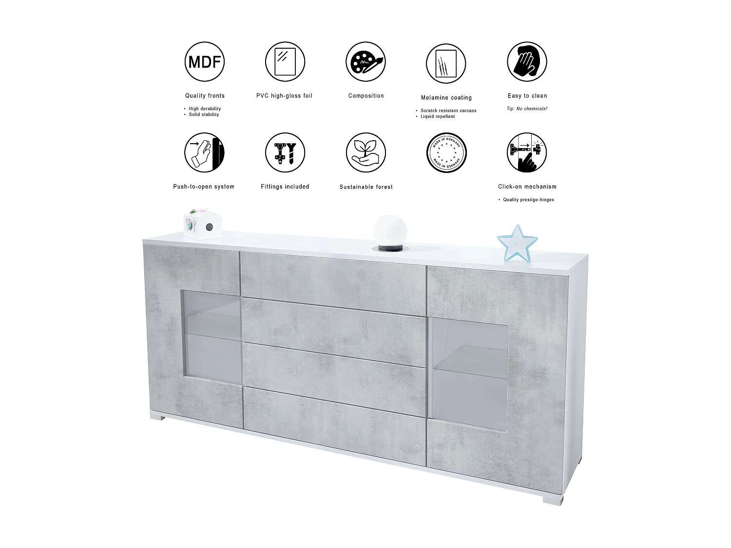 Buffet Grömitz V2 – Meuble avec 2 Grandes Portes et 4 Tiroirs, blanc mat/gris sable haute brillance (166,5 x 75,5 x 35)