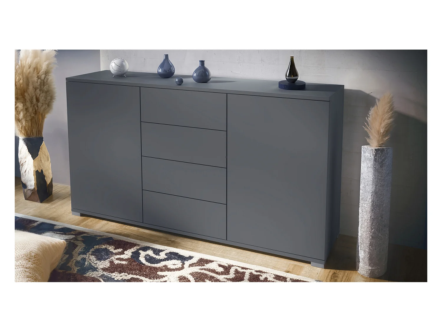 Buffet Santo V1, Enfilade avec 2 portes et 4 tiroirs, anthracite mat / anthracite mat (138,5 x 75,5 x 35 cm)