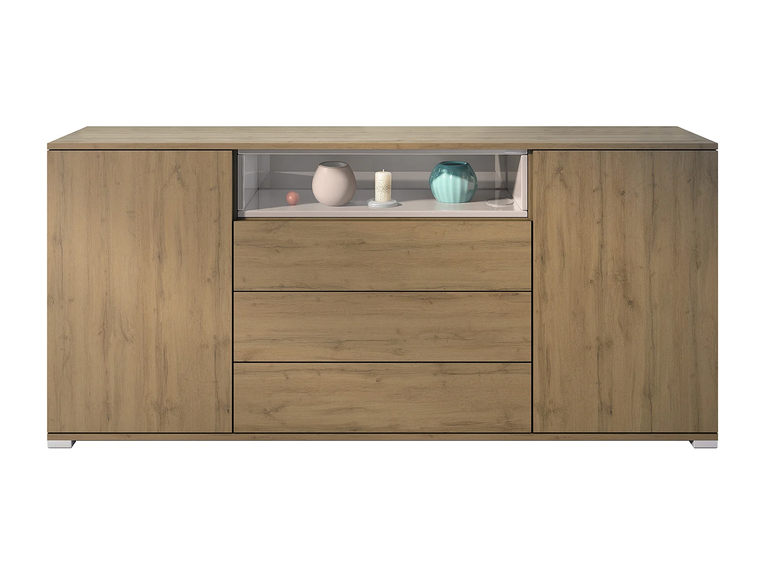 Skadu V4 Buffet, Commode avec 2 portes, 3 tiroirs et 1 compartiment ouvert, Chêne Evoke/gris sable haute brillance (166,5 x 75,5 x 35 cm)