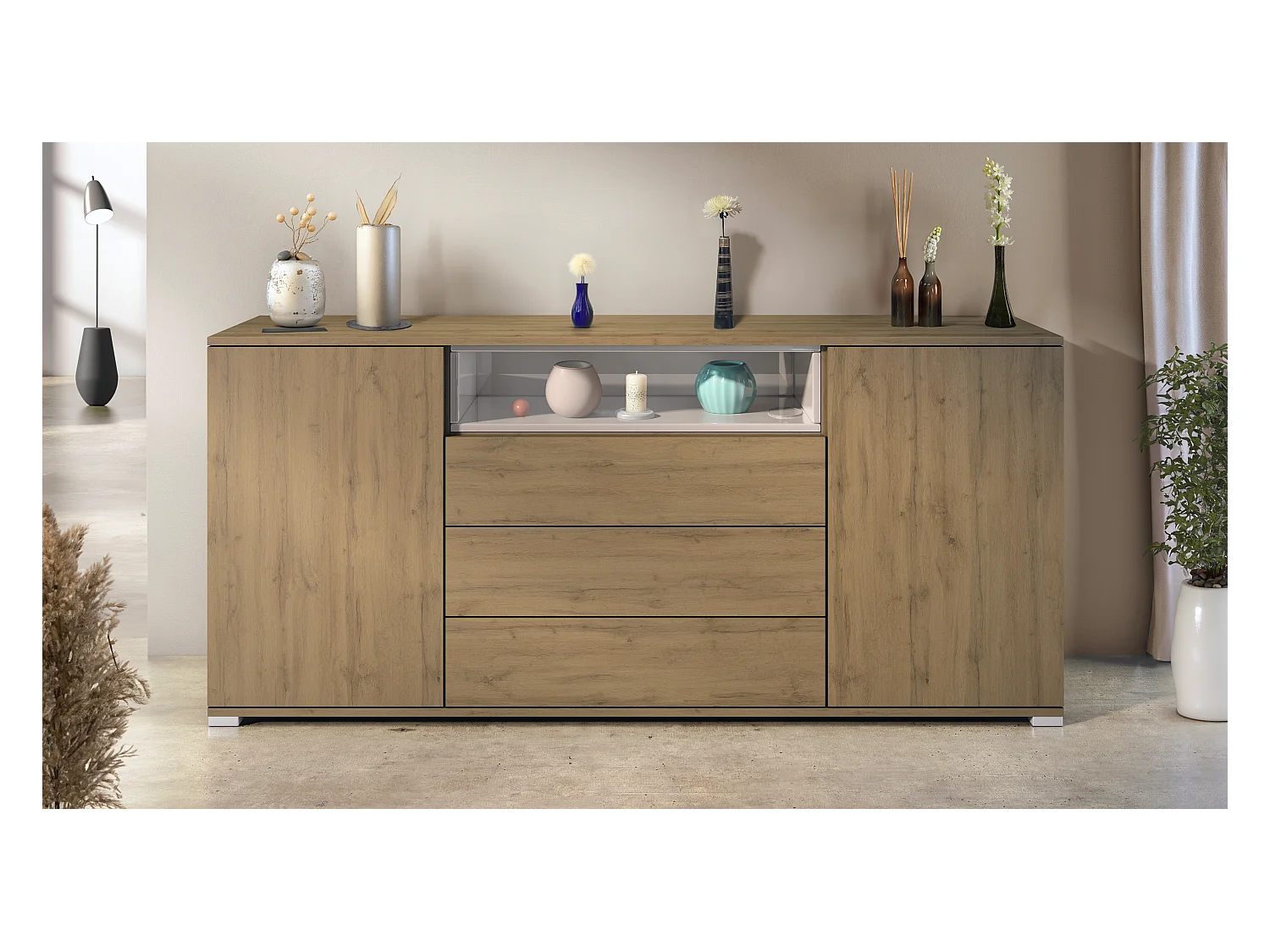 Skadu V4 Buffet, Commode avec 2 portes, 3 tiroirs et 1 compartiment ouvert, Chêne Evoke/gris sable haute brillance (166,5 x 75,5 x 35 cm)