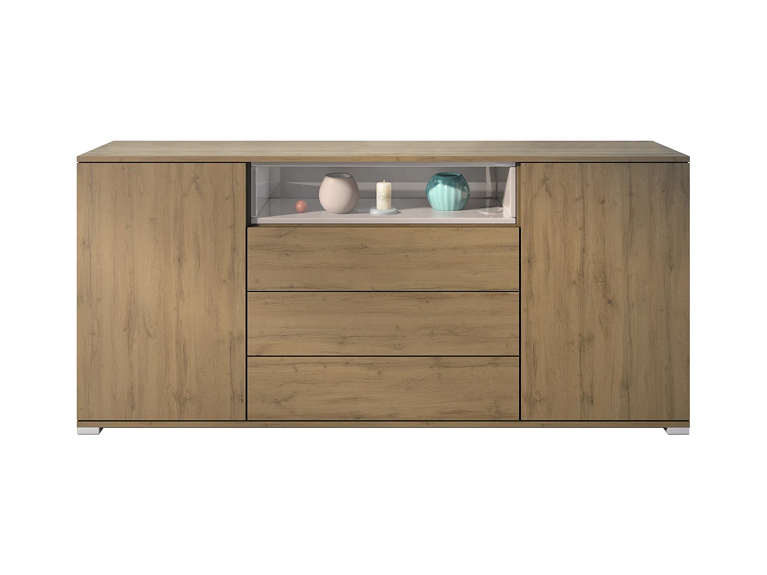 Skadu V4 Buffet, Commode avec 2 portes, 3 tiroirs et 1 compartiment ouvert, Chêne Evoke/gris sable haute brillance (166,5 x 75,5 x 35 cm)