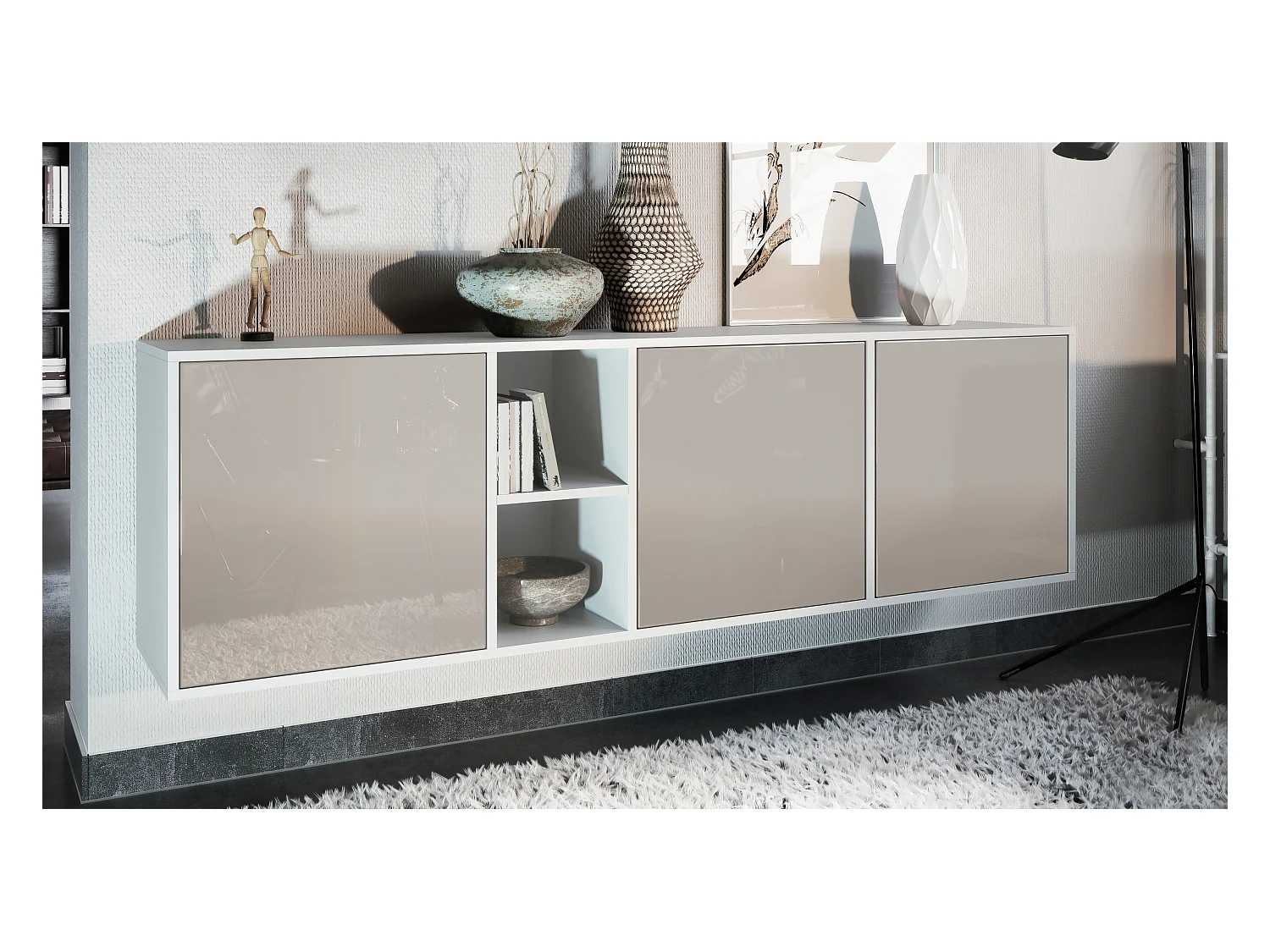 Commode Cuba - blanc mat/gris sable haute brillance - Buffet moderne pour votre salon - (LxHxP) 182x53x35 cm