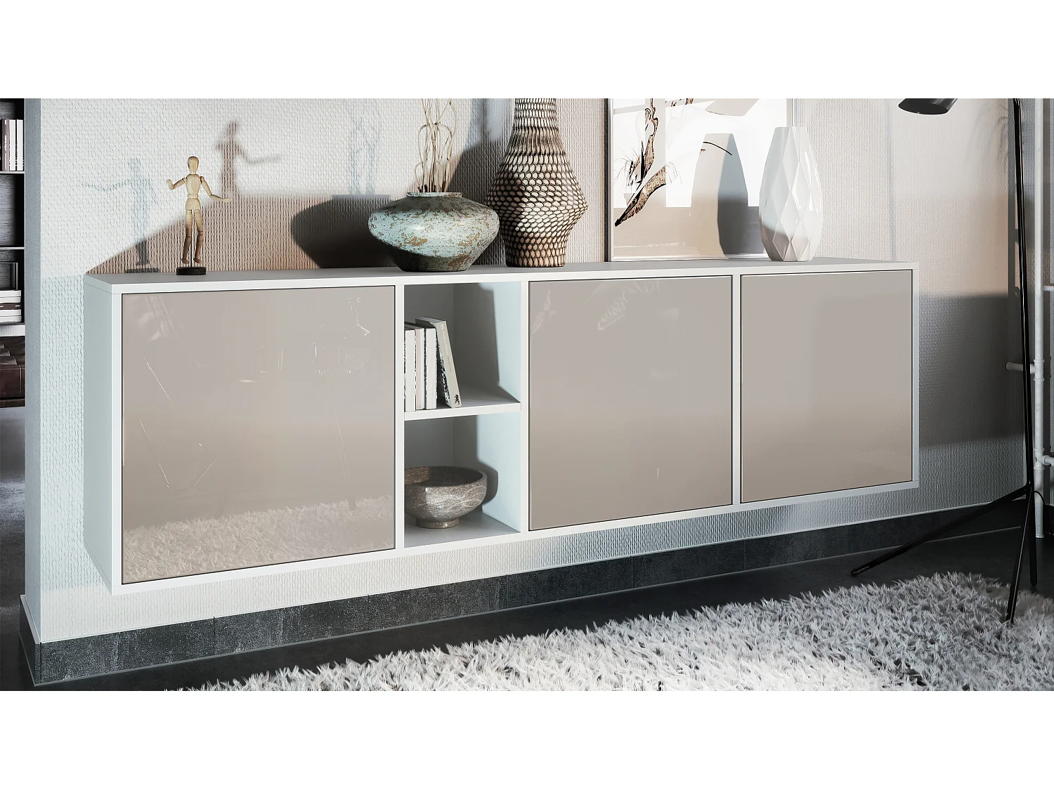 Vladon Cassettiera Cuba - bianco opaco/grigio sabbia lucido - Credenza moderna per la zona giorno - (LxAxP) 182x53x35 cm