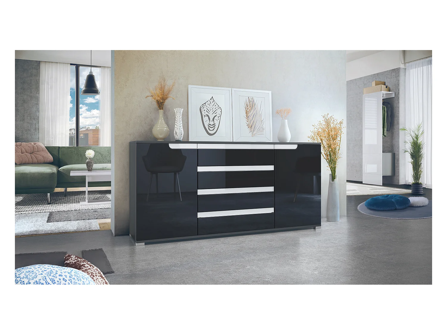Buffet Sylt V2, Commode avec 2 Portes et 4 Tiroirs, Corps - anthracite mat / Façade - noir haute brillance / Détails - blanc haute brillance (166,5 x 75,5 x 35 cm)